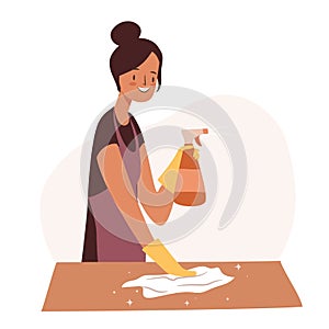 Woman cleaning house with a rag and spray. Housewife doing chores. Cleaning service concept.