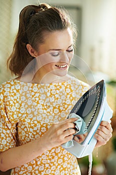 Woman cleaning iron with cloth at modern home in sunny day
