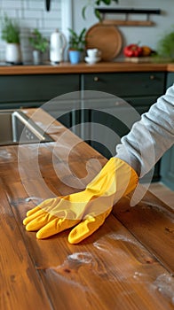 Woman Cleaning Kitchen Counter With Yellow Gloves