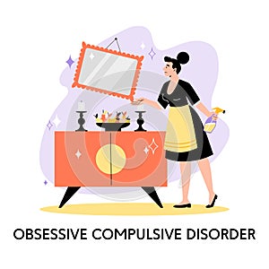 Woman cleaning maniacally, obsessive compulsive disorder concept, flat vector illustration isolated on white.