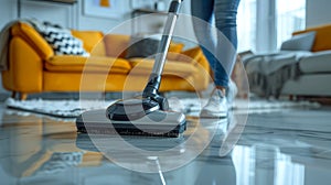 Woman Cleaning a Shiny Floor with a Modern Vacuum Cleaner