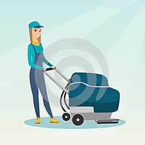 Woman cleaning the store floor with a machine.