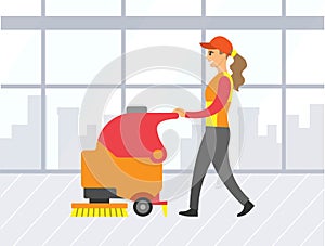Woman Cleaning Store Floor with Machine Vector