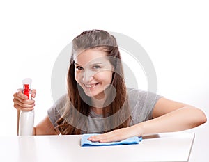 Woman Cleaning Surface. Isolated on white