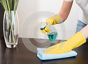 Woman cleaning the table with rag