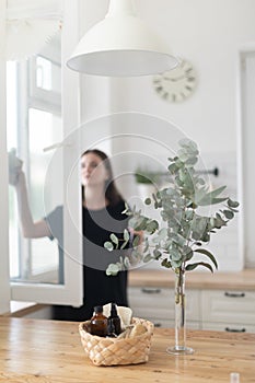 Woman cleaning window at home with rag and spray.