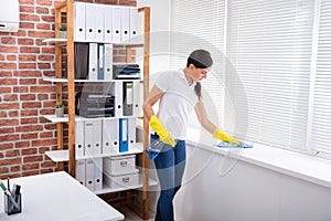 Woman Cleaning The Window Sill In Office