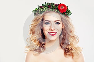 Woman with Clear Skin, Curly Hair and Flowers Wreath