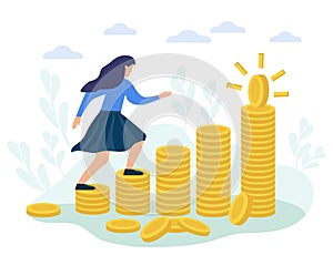 A woman climbing the career ladder. Money motivation, achieving a goal. gold coins