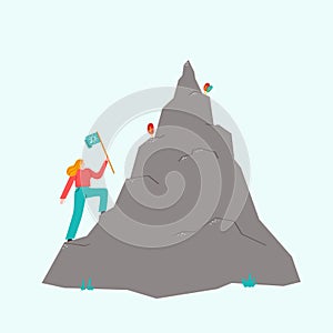 The woman is climbing the mountain with a flag vector.