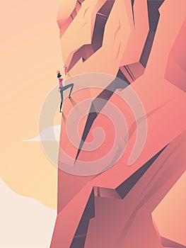 Woman climbing rock wall vector cartoon. Symbol of strength, challenge, powerful female.