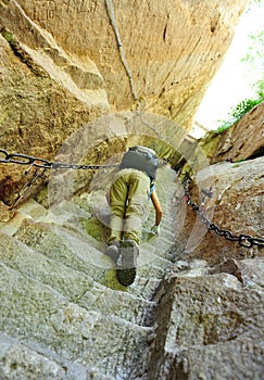 Woman climbing thousands steps at mount hua