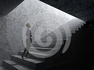 Woman climbs the stairs from darkness