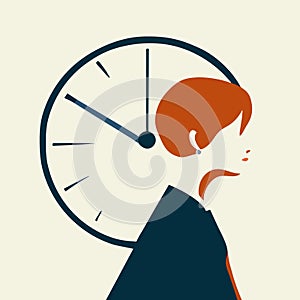 Woman with clock ticking. Deadline, anxiety, countdown.