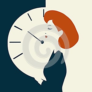 Woman with clock ticking. Deadline, anxiety, countdown.