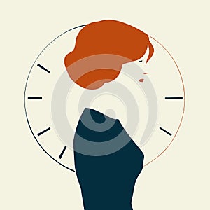 Woman with clock ticking. Deadline, anxiety, countdown.