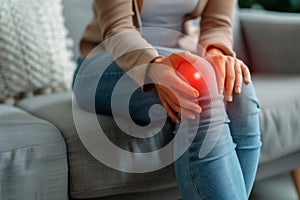 Woman in close-up holding her knee in discomfort, suggestive of arthritis symptoms