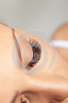 Woman Closed Eyes with Long Eyelashes. Eyelash Extension. Beautiful Lashes