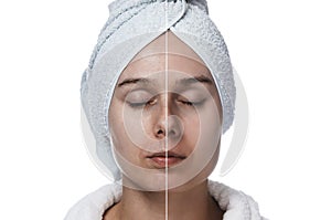 Woman with closed eyes before and after makeup horizontal