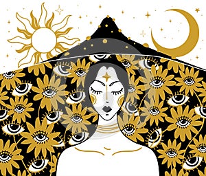Woman with closed eyes on mystical trippy background with moon, sun and eyes, psychedelic art, narcotic mushrooms, mind