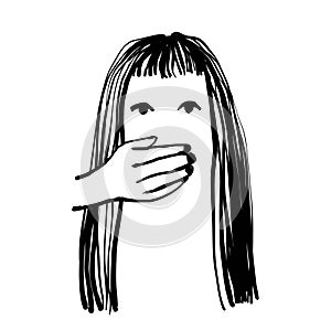 Woman with a closed mouth on a white background.Concept of domestic violence, sexual abuse in the family, bullying