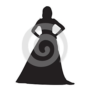 Woman clothed in long night dress, isolated vector silhouette. Hands on hips