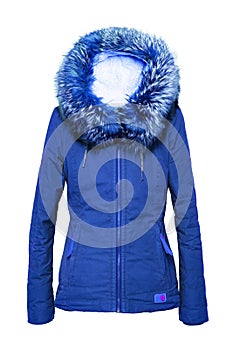Woman clothes. Stylish blue female winter jacket with fur hood on mannequin isolated on a white background. Girls winter fashion
