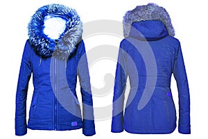 Woman clothes. Stylish blue female winter jacket with fur hood on mannequin isolated on a white background. Girls winter fashion
