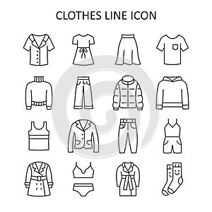 Woman clothing line icon set. Dress, skirt, blazer, jacket, jeans, pants, cloak flat symbol. Vector illustration
