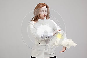 Woman with cloud and sun. Concept on the topic of computer cloud services.