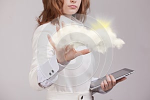 Woman with cloud and sun. Concept on the topic of computer cloud services.