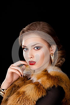 Woman in Coat Fox Fur Collar - Opera Cloak