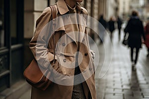 Woman coat rain street. Generate Ai