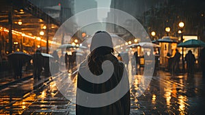 woman in a coat walking slowly in the rain under the glow of street lights