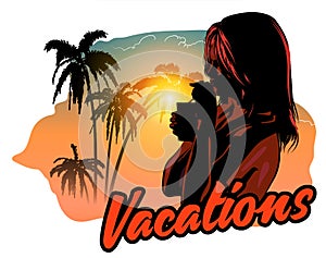 Woman with cocktail, sunset ocean beach. Palm trees. Summer vacations. Vector image.