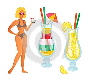 Woman with Cocktails, Lemonade Person Partying