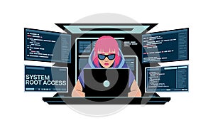 Woman Coding at Computer with Multiple Screens Displaying Program Code