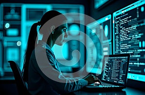 Woman Coding in a High-Tech Environment