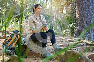 Woman, coffee break or hiking in nature forest, countryside woods or Sri Lanka environment for relax workout, training