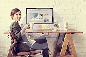 Woman Coffee Break Relaxation Resting Office Workplace Concept