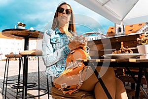 Woman coffee cafe pregnancy drink. Lifestyle morning with happy pregnant girl drink espresso coffee. Concept for coffee