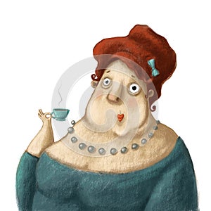 Woman and coffee cup fanny portrait, pastels illustration, comic clipart with cartoon character