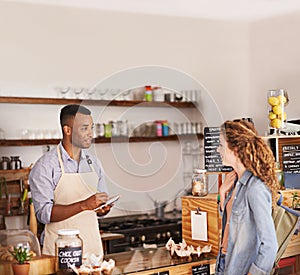 Woman, coffee shop and waiter with writing at counter for shopping, purchase and lunch at cafe. Female person, small