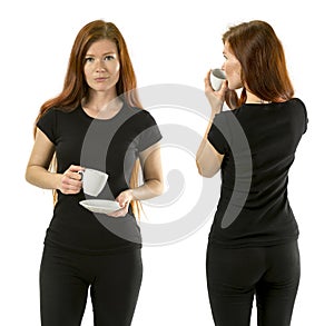 Woman with coffee wearing blank black shirt