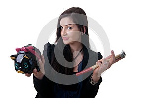 Woman coinbank hammer