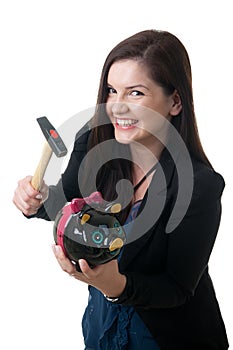 Woman coinbank hammer smile photo