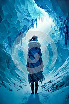 Woman in cold ice cave