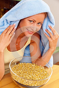 Woman with cold inhaled chamomile