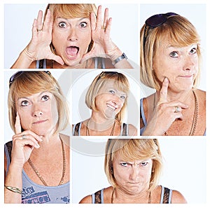 Woman, collage and facial expressions in studio with humour or funny emotions as comedian. Female person, face and idea photo
