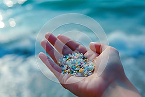 Woman collect micro plastics collects plastic from beach sand. Environment, pollution, plastic waste concept